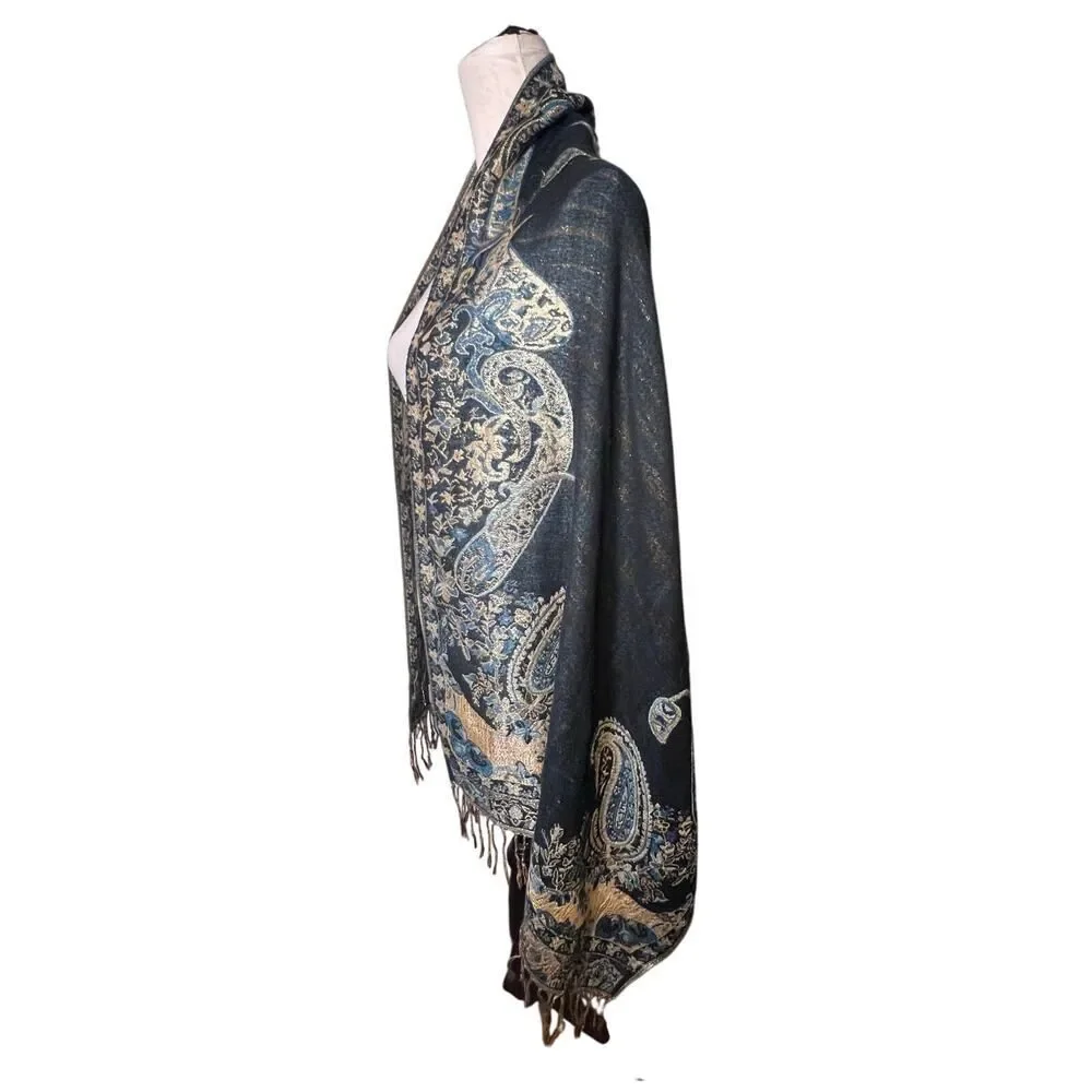 Paisley metallic‎ blue, gold fringe shawl scarf, sarong bohemian GypsyGoth